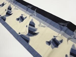 手織り紬蝶に花葉・縞模様織出し全通洒落袋帯